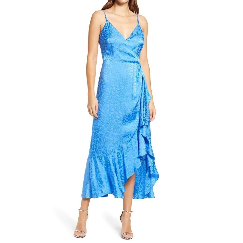 Adelyn Rae Animal Print Satin Wrap Front Midi Dress in Blue Large New Womens